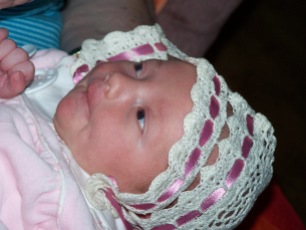 This bonnet that Alee is wearing was Mamaw Johnson's when she was a newborn!! She said she was saving it to give to her 1st Great Great Granddaughter.